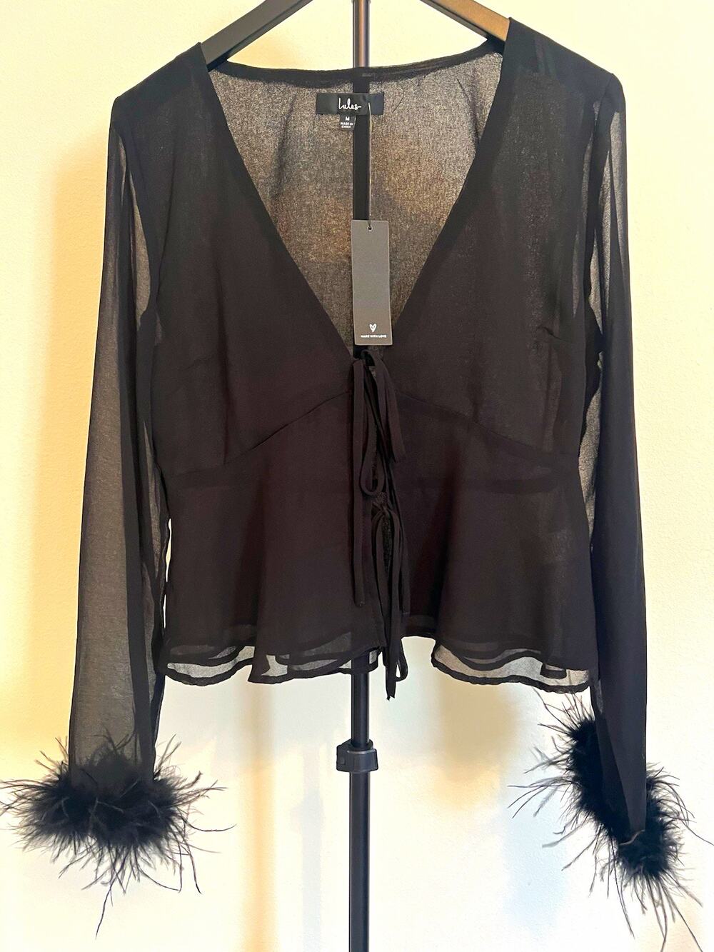 Lulus Women’s Black Sheer Chiffon Feather Cuff Tie Front Crop Blouse Size M